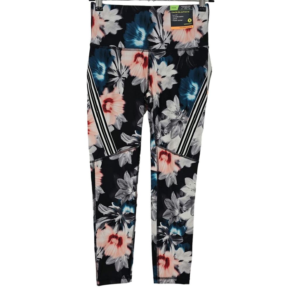 Xersion Womans size S Static Floral 7/8 Ankle High Rise Leggings with Stripe NEW